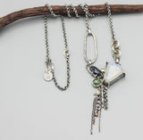 Moonstone pendant necklace in bezel and prongs setting with blue kyanite and round green kyanite gemstone