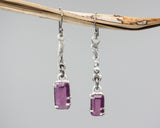 Rectangle pink sapphire earrings with silver stick on oxidized silver hooks style