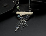 Coral and Black Brazilian druzy pendant necklace in silver bezel and prongs setting with blue topaz and blue sapphire gemstone
