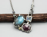 Teardrop Labradorite pendant necklace in silver bezel and prongs setting with square moonstone and oval ruby gemstone