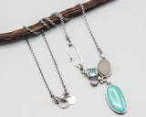 Oval Turquoise pendant necklace in silver bezel setting with druzy, blue topaz and amethyst gemstone