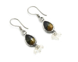 Teardrop Tiger's Eye earrings in silver bezel setting with moonstone beads on oxidized sterling silver hooks