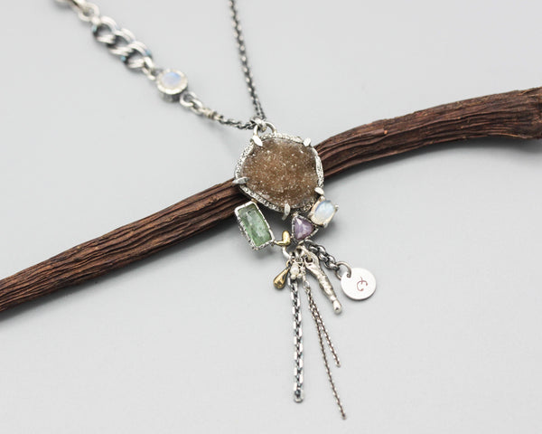 Brown druzy, mint kyanite, moonstone and pink sapphire pendant necklace with sterling silver chain
