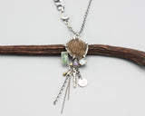 Brown druzy, mint kyanite, moonstone and pink sapphire pendant necklace with sterling silver chain