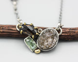 Druzy, smoky quartz and mint kyanite gemstone pendant necklace with sterling silver chain