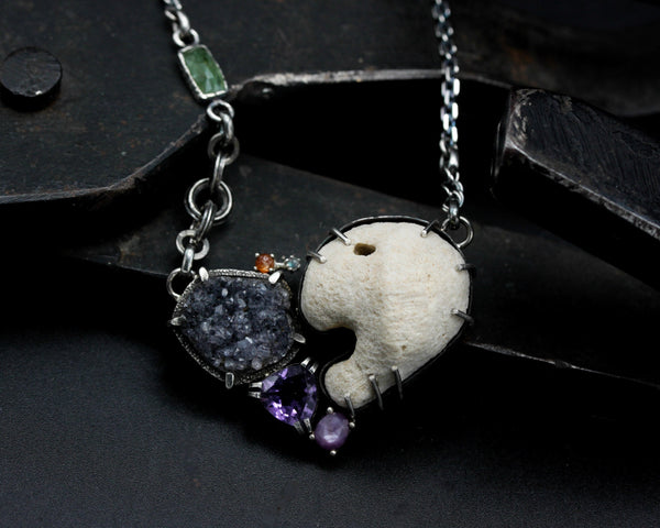 Coral pendant necklace in silver bezel and prongs setting with druzy, amethyst, pink sapphire and sunstone gemstone