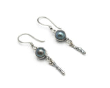 Grey Freshwater Pearls earrings in bezel setting with silver stick on oxidized sterling silver hooks style