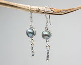 Grey Freshwater Pearls earrings in bezel setting with silver stick on oxidized sterling silver hooks style