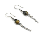 Teardrop Tiger's Eye earrings in silver bezel setting with silver sticks on oxidized sterling silver hooks