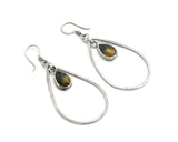 Teardrop Tiger's Eye earrings in silver bezel setting with silver teardrop shape loop on oxidized sterling silver hooks