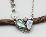 Labradorite, moonstone, mint kyanite and sapphire necklace in silver bezel and prongs setting with sterling silver chain