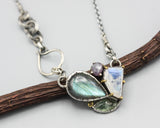 Labradorite, moonstone, mint kyanite and sapphire necklace in silver bezel and prongs setting with sterling silver chain