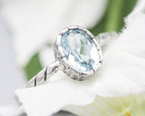 Swiss blue topaz oval faceted ring in silver bezel with sterling silver twist design band