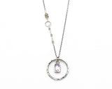 Rectangle amethyst pendant necklace in silver bezel setting with silver circle loop on sterling silver chain