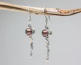 Red Freshwater Pearls earrings in bezel setting with silver stick on oxidized sterling silver hooks style