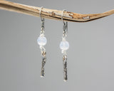 Blue chalcedony beads earrings with silver stick on oxidized sterling silver hooks style
