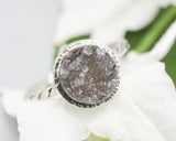 Round druzy quartz ring in silver bezel setting with sterling silver twist design band