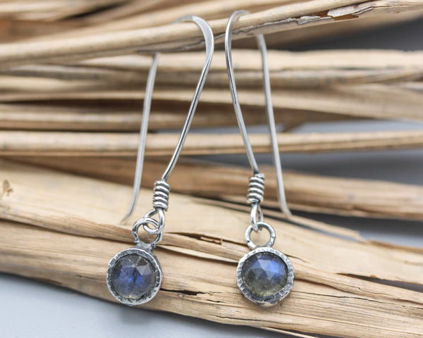 Tiny Labradorite earrings in silver bezel setting and sterling silver hooks