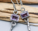 Princess cut Amethyst earrings in silver bezel setting with silver sticks and hooks style on the top