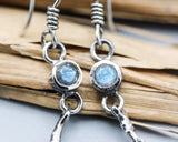 Tiny round faceted Labradorite earrings in silver bezel setting with silver sticks and hooks style on the top