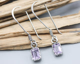 Baguette cut Amethyst earrings with sterling silver hooks style on the top