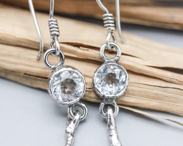 Round white topaz earrings in silver bezel setting with silver sticks and hooks style on the top