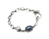 Bracelet oval faceted blue sapphire, freshwater pearls and silver leaf with oxidized sterling silver chain