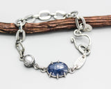 Bracelet oval faceted blue sapphire, freshwater pearls and silver leaf with oxidized sterling silver chain