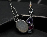 Oval Druzy pendant necklace in bezel setting with triangle Amethyst, oval ruby and tiny blue topaz gemstone