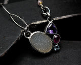 Oval Druzy pendant necklace in bezel setting with triangle Amethyst, oval ruby and tiny blue topaz gemstone