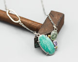 Oval green turquoise pendant necklace with mint kyanite and rectangle amethyst gemstone