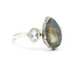 Teardrop Labradorite ring with tiny oval moonstone in silver bezel setting with sterling silver band