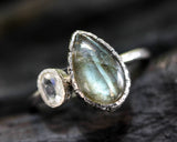 Teardrop Labradorite ring with tiny oval moonstone in silver bezel setting with sterling silver band