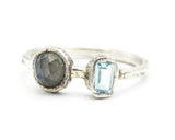 Round labradorite ring with tiny blue topaz on the side on sterling silver texture band