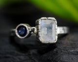 Princess moonstone ring and Blue sapphire side set gems with sterling silver band