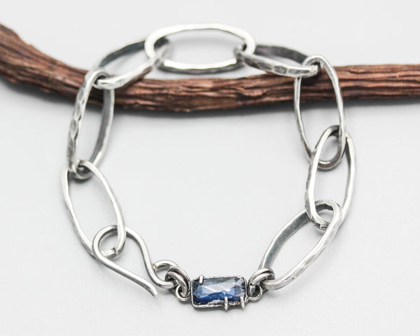 Stylish Men's Bracelet - Sterling Silver Oxidized Oval Cable Chain with Center Rectangle Blue Kyanite