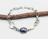 Bracelet oval faceted blue sapphire and silver leaf with oxidized sterling silver chain