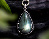 Olive green Labradorite teardrop pendant necklace with sterling silver chain