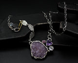 Natural purple Druzy quartz pendant necklace with Amethyst, white topaz and ruby gemstone