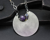 Crescent moon necklace with hexagon pink sapphire, amethyst and labradorite gemstone