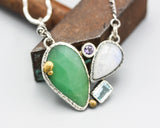 Teardrop faceted Chrysoprase pendant necklace with moonstone, amethysy and blue topaz gemstone