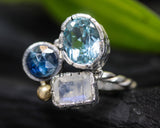Oval Blue topaz ring with moonstone and blue kyanite gemstone on sterling silver twist design band