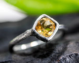 Yellow Citrine round faceted ring in silver square bezel setting with sterling silver band