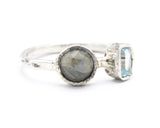 Round labradorite ring with tiny blue topaz on the side on sterling silver texture band