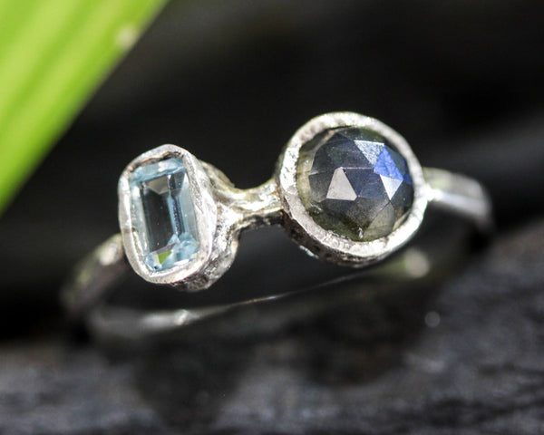 Round labradorite ring with tiny blue topaz on the side on sterling silver texture band