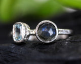 Round labradorite ring with tiny blue topaz on the side on sterling silver texture band