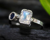 Princess moonstone ring and Blue sapphire side set gems with sterling silver band