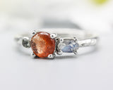 Sterling silver wedding ring with sunstone, monnstone and green tourmaline gemstone in bezel and prongs setting