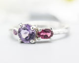 Sterling silver wedding ring with Amethyst, pink tourmaline and tiny amethyst gemstone in bezel and prongs setting