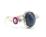 Oval blue sapphire ring and pink tourmaline with sterling silver hammer texture band